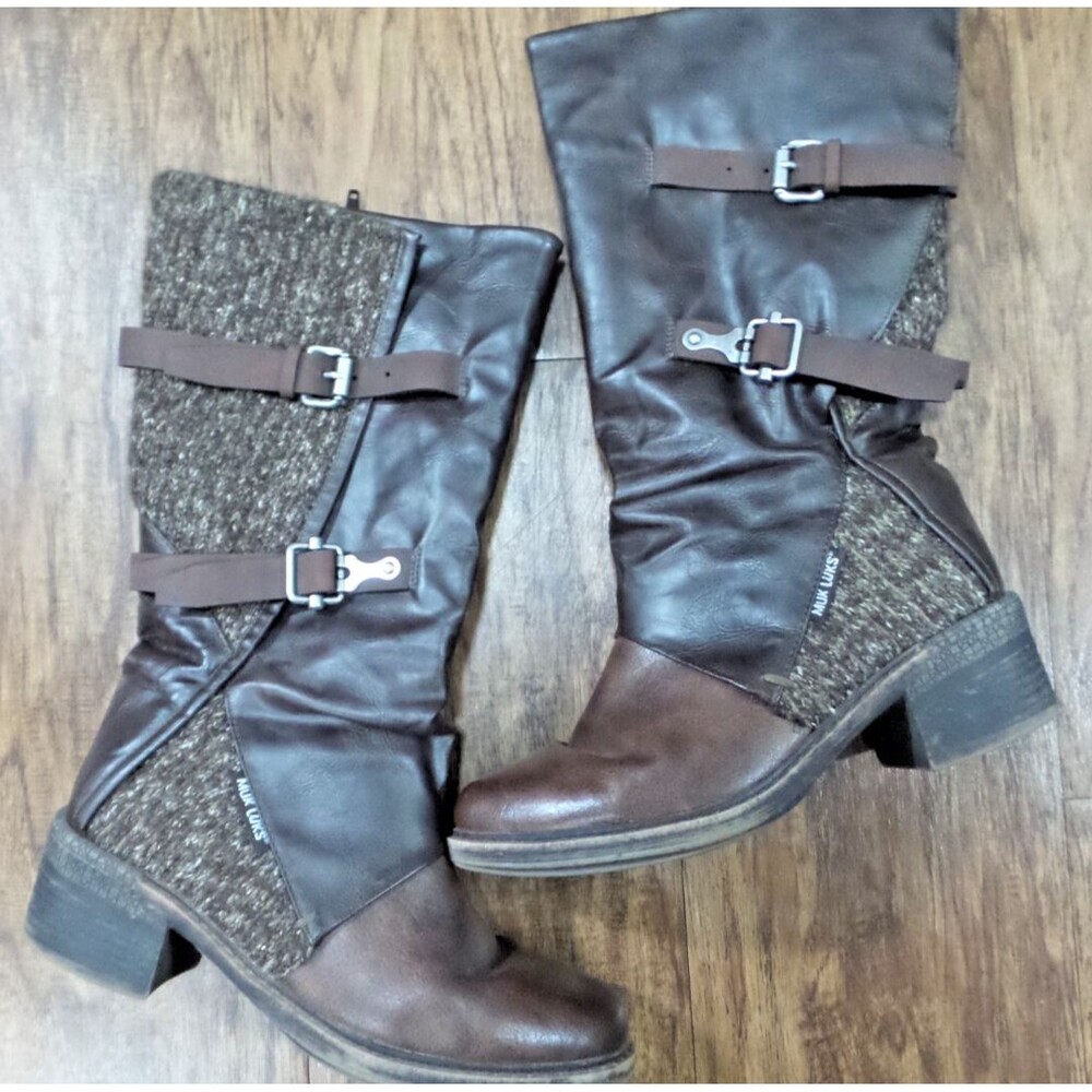 Muk Luks Brown Faux Fur Boots Women's Size 9 Tall Calf High Buckle Chunky Heel